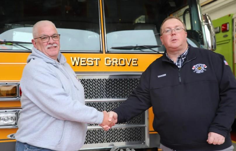 Guy Swift, left, president of Avondale Fire Company, and Neil Vaughn, president of West Grove Fire Company in New Garden at the Avondale station. (JEN SAMUEL - DAILY LOCAL NEWS)